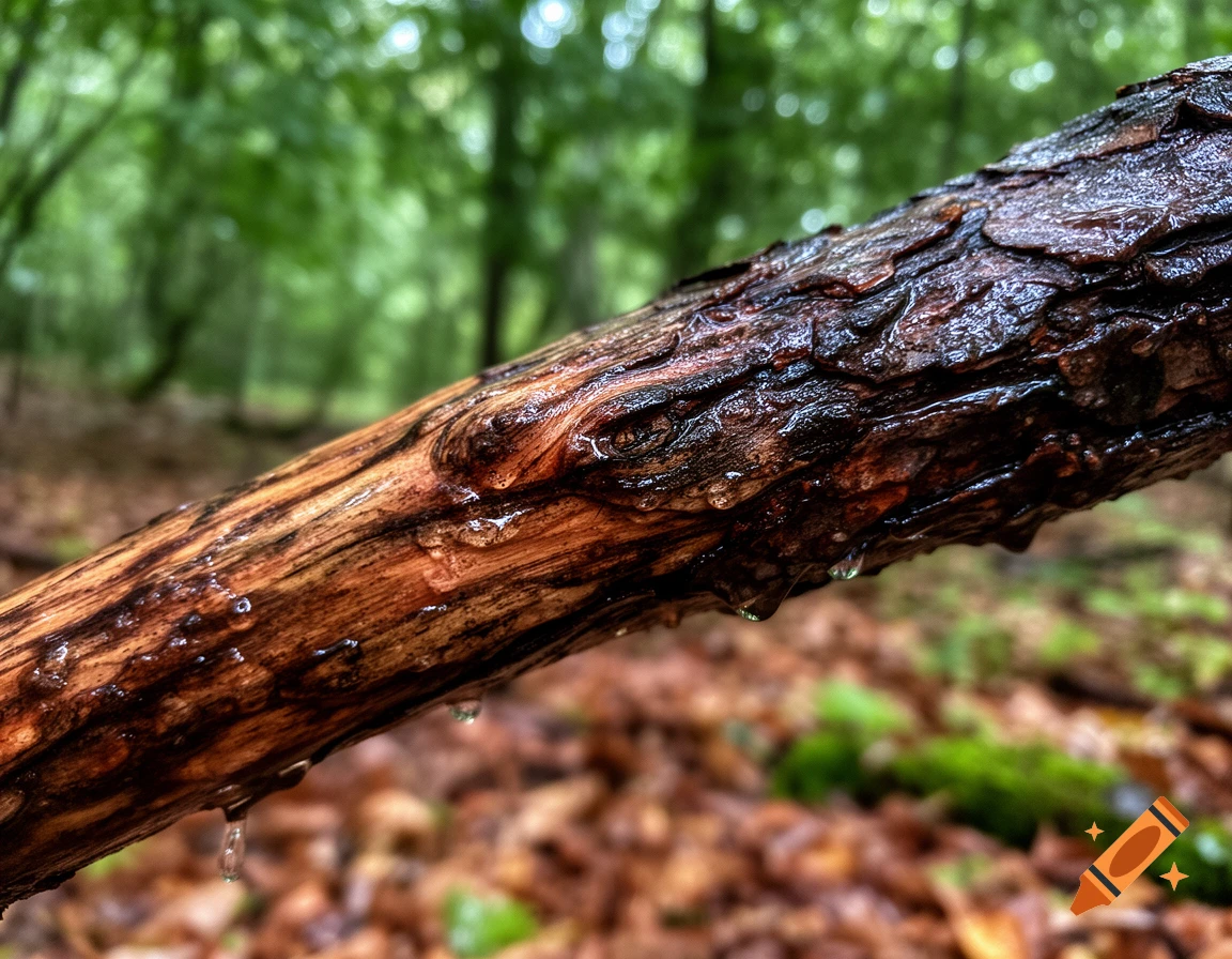 Close-up of a wet tree branch with water droplets, showing detailed bark texture, in a lush green forest.