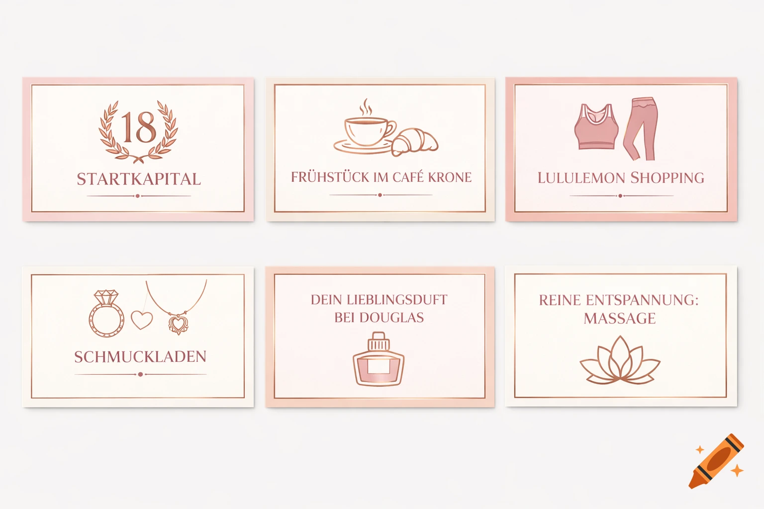 Six elegant, minimalist gift vouchers for an 18th birthday, featuring rose gold borders, line art icons for activities like shopping and massage, and German text.