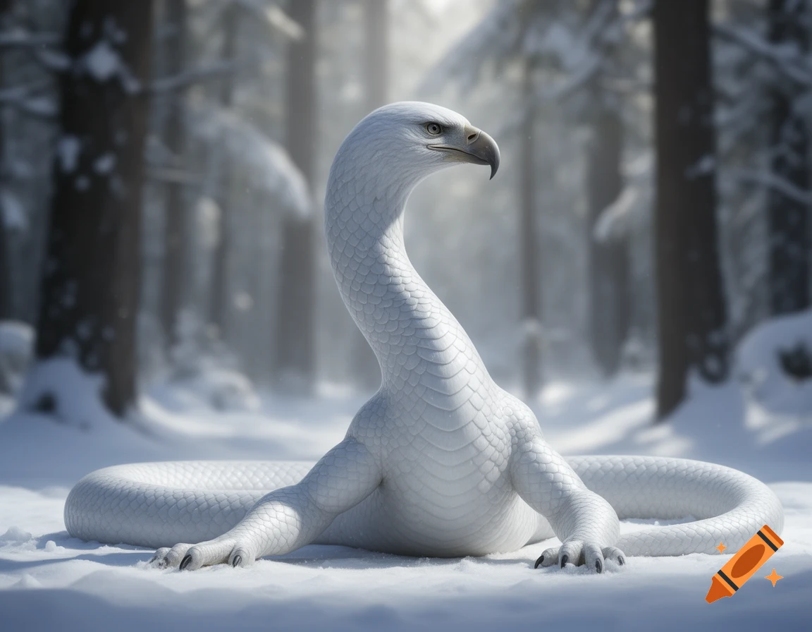 A majestic white serpent-like creature with an eagle head, long neck, and two arms rests in a snowy forest.