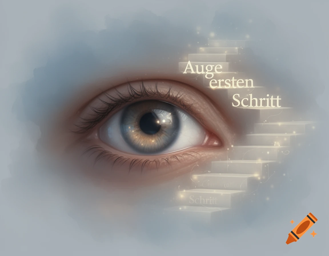 A realistic human eye looking towards glowing, ethereal stairs with the text 'Auge ersten Schritt' on them, in an illustrative style.