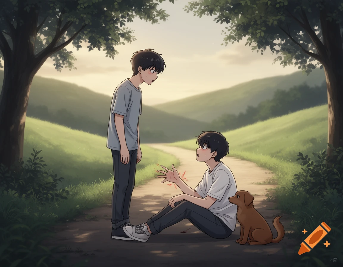 Anime illustration of two boys and a dog on a countryside path; one boy stands surprised, the other sits injured, reaching out.