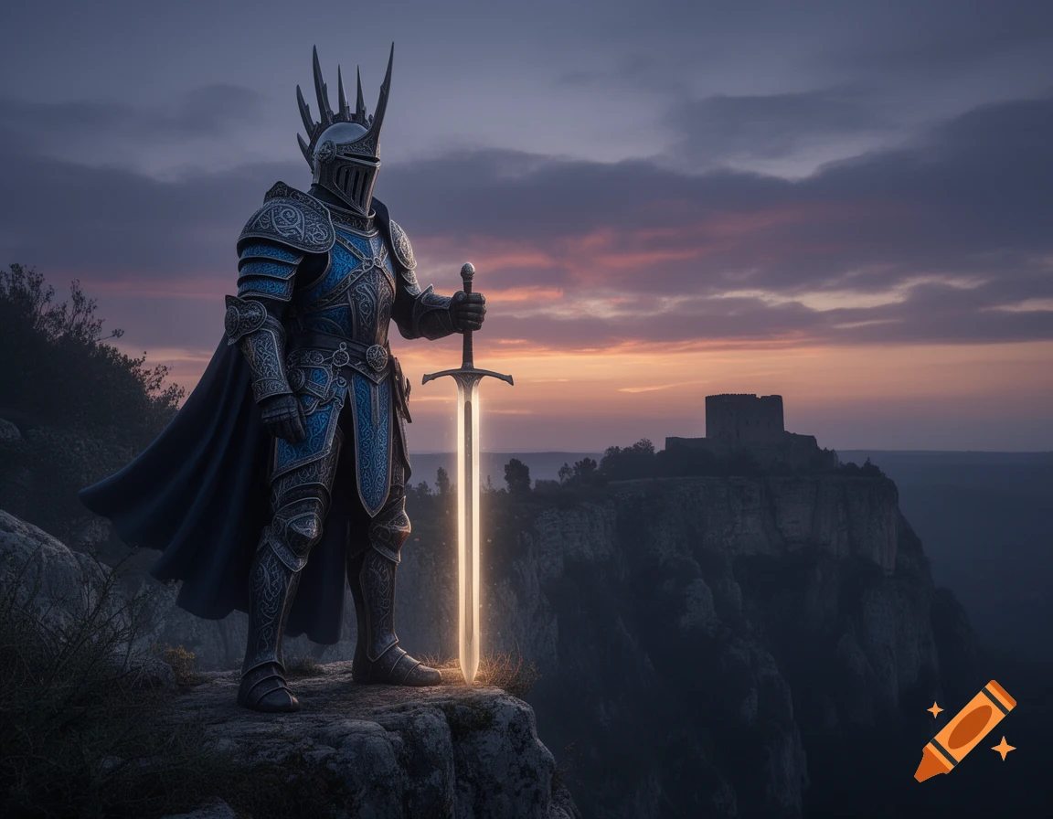 A knight in ornate blue and silver armor stands on a rocky cliff, holding a glowing sword against a dramatic sunset sky with a distant castle.