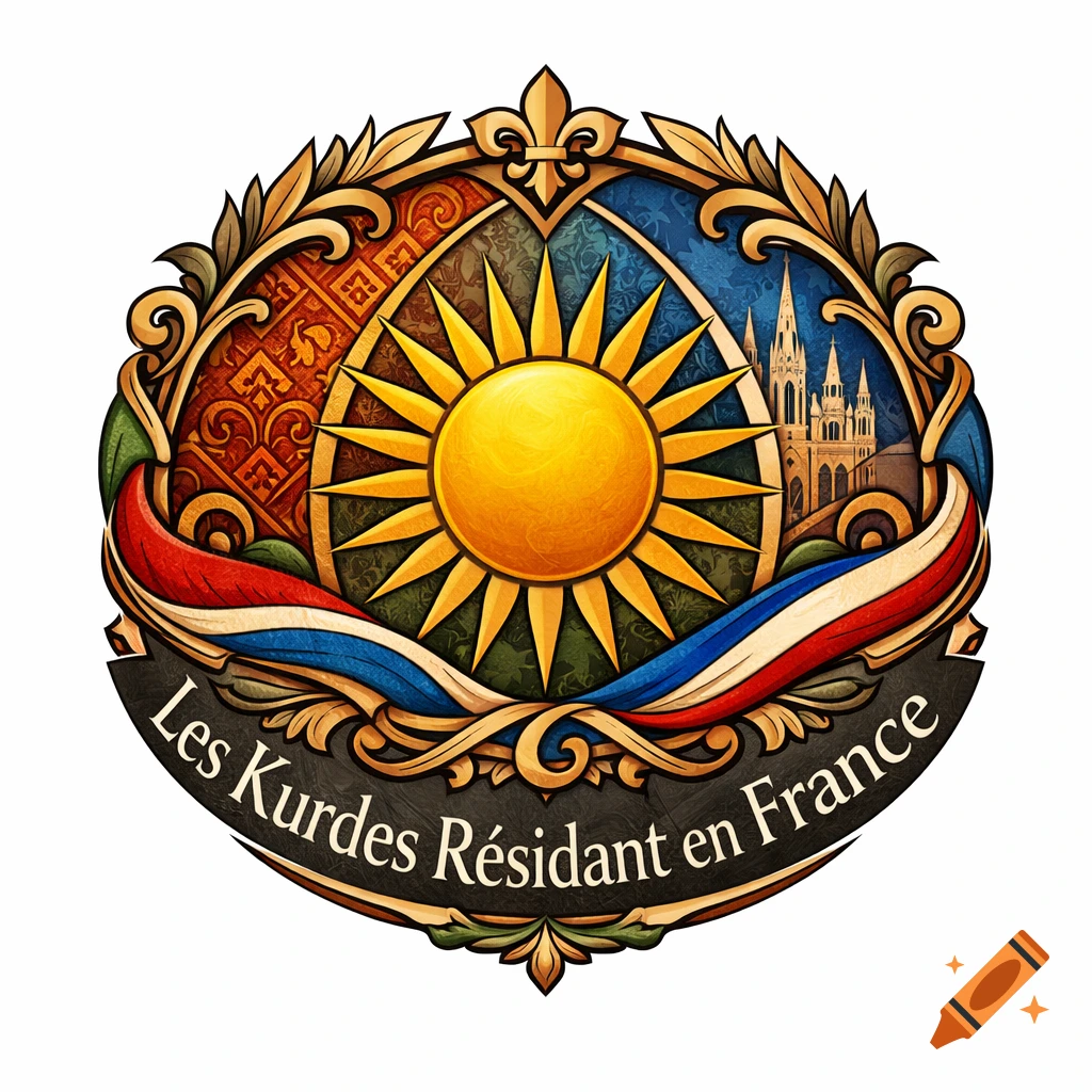 Ornate golden emblem with a central sun, a gothic cathedral, French flag ribbon, and 'Les Kurdes Résidant en France' text on a banner.
