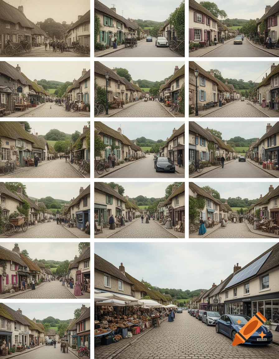 A grid of 16 images depicting a village street scene evolving through different eras, from an old-fashioned sepia tone with horse-drawn carts to a modern vibrant street with cars and solar panels on rooftops.