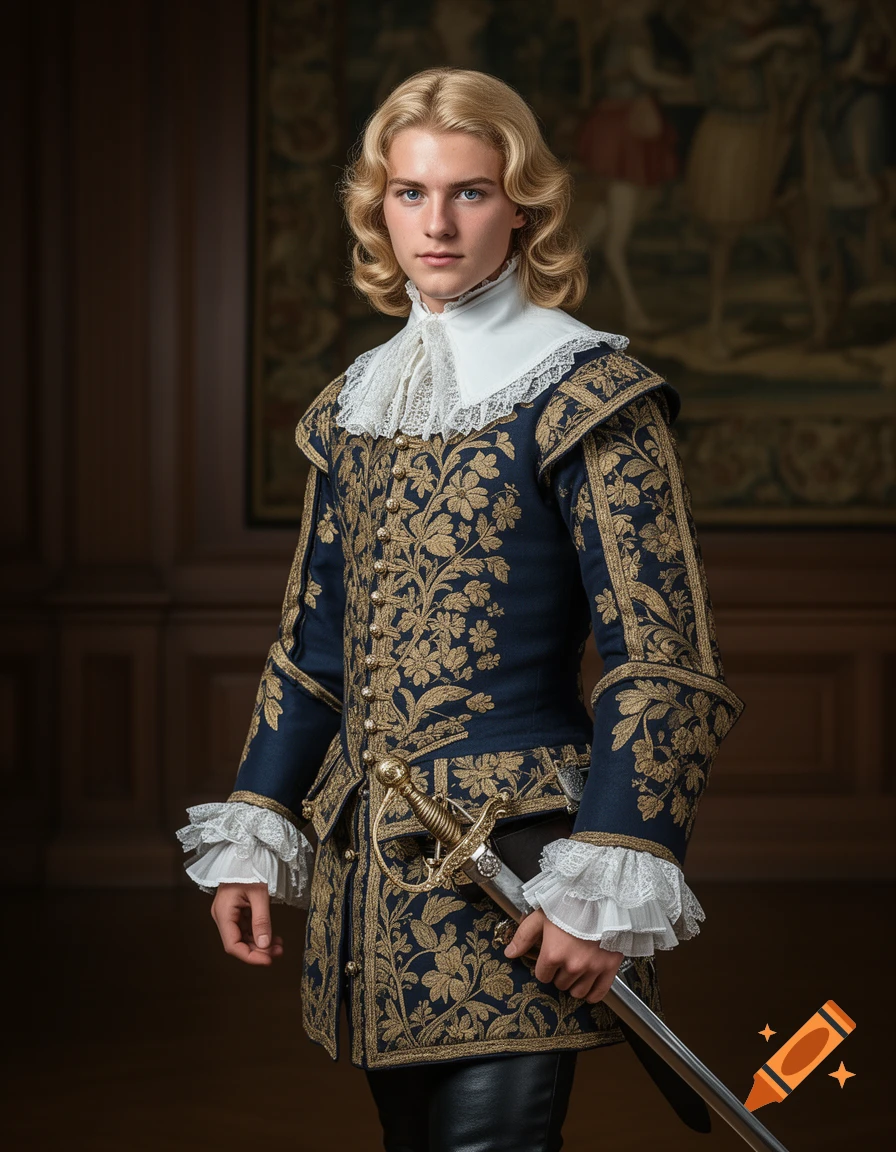 A young man with blonde hair and blue eyes in an ornate blue and gold 17th-century coat, holding a sword, against a dark background.