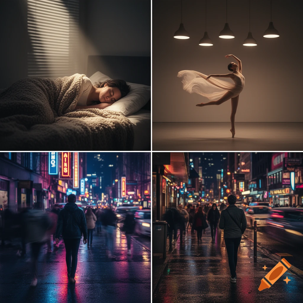 A four-panel photorealistic collage: a person sleeping, a ballerina mid-leap, and two night cityscapes with people walking on wet, neon-lit streets.