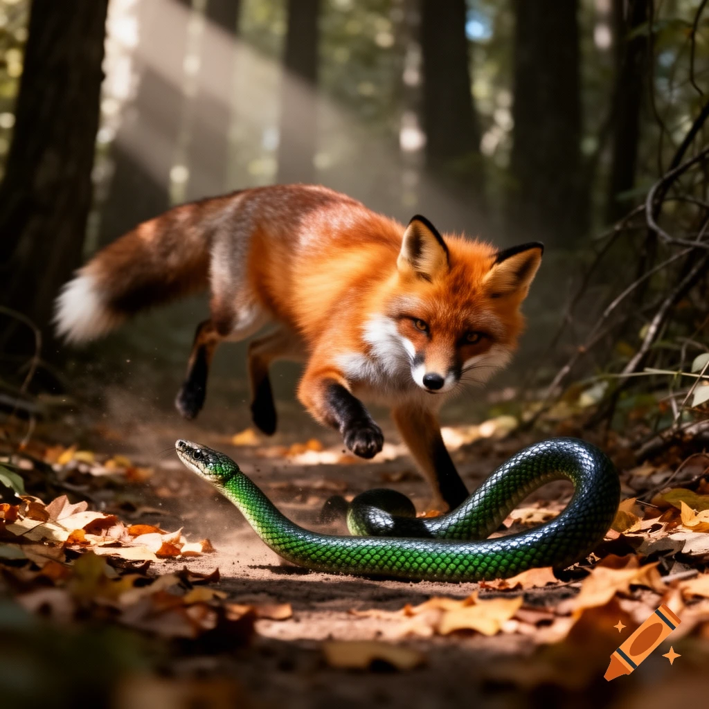 A photorealistic red fox leaps over a green snake coiled on a dirt path ...
