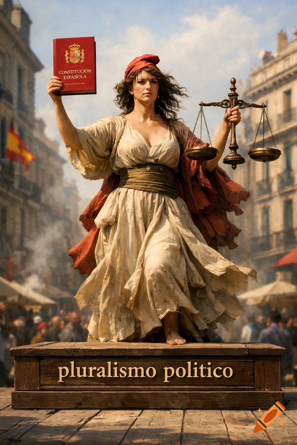 A woman in classical attire, resembling Lady Liberty, stands on a wooden platform holding a Spanish Constitution book and scales of justice, against a bustling city street.