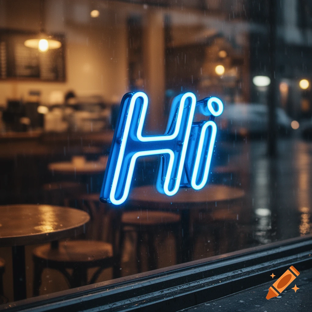 A blue neon sign spelling 'Hi' is seen through a rainy cafe window, with blurred interior lights and wet street visible in the background.