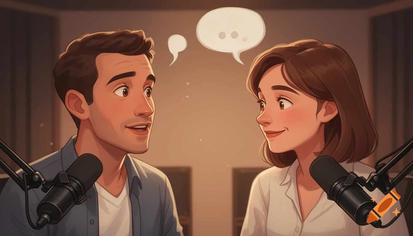 A cartoon illustration of a man and a woman with microphones, facing each other in a warm studio, with speech bubbles above them.