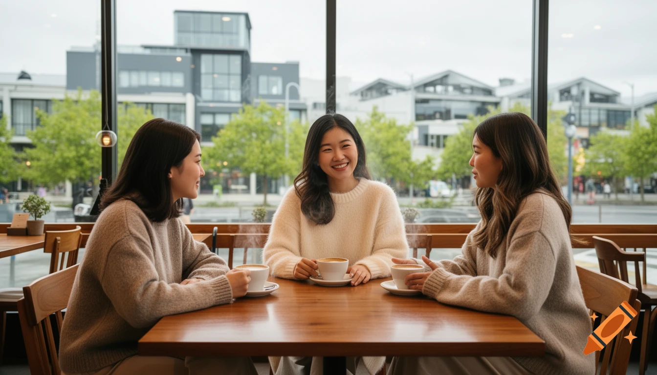 Three young women chat at a wooden table in a cozy cafe, enjoying coffee with a city view outside.
