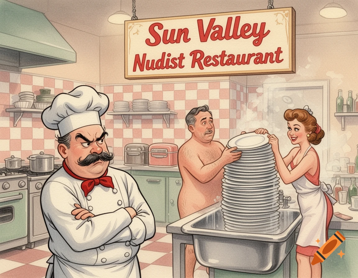 Vintage illustration of an angry chef watching a naked man and woman washing dishes in a "Sun Valley Nudist Restaurant" kitchen.