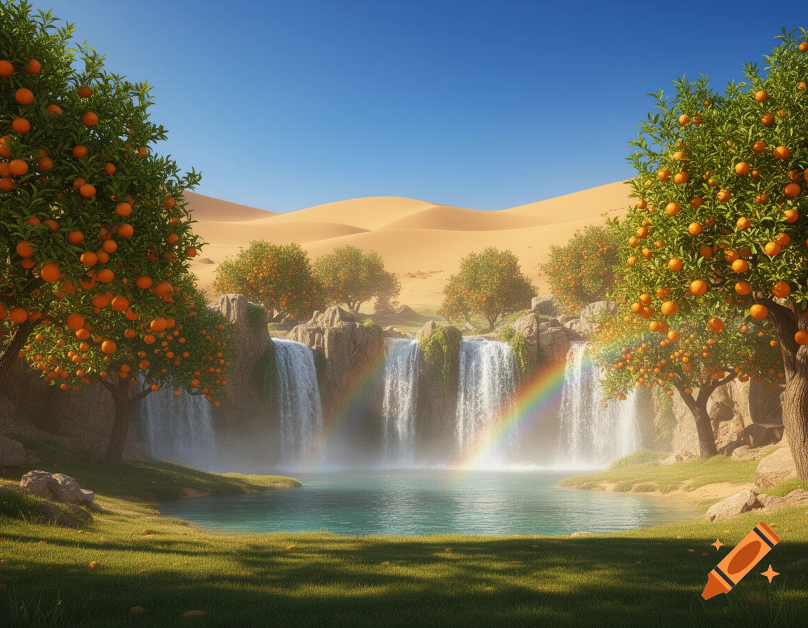 A vibrant desert oasis with multiple waterfalls, orange trees, a rainbow, and sand dunes under a clear blue sky.