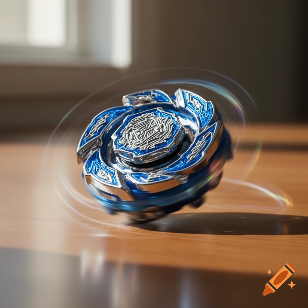 A photorealistic close-up of a blue and silver Beyblade spinning on a wooden table, with light streaks showing its motion.