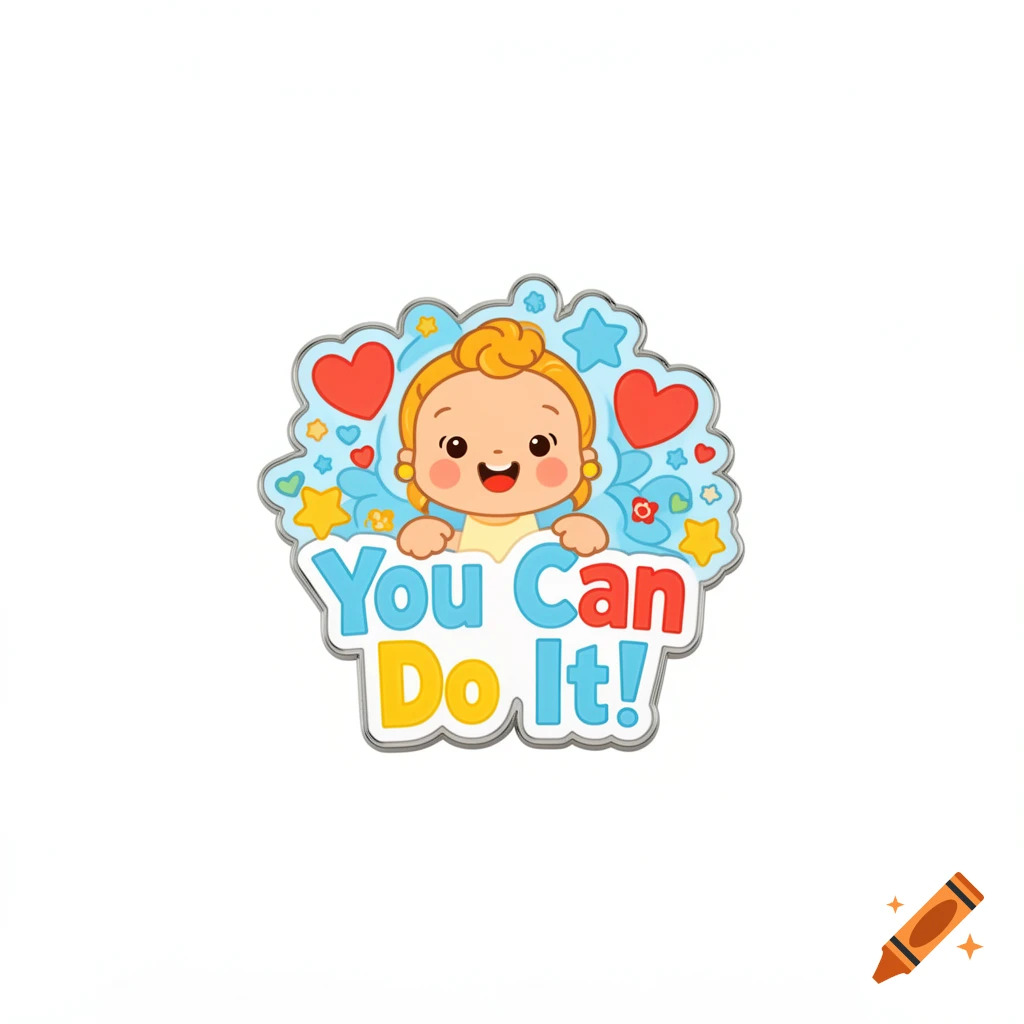 A cartoon pin with a happy baby in a blue cloud, surrounded by hearts and stars, with the text 'You Can Do It!'