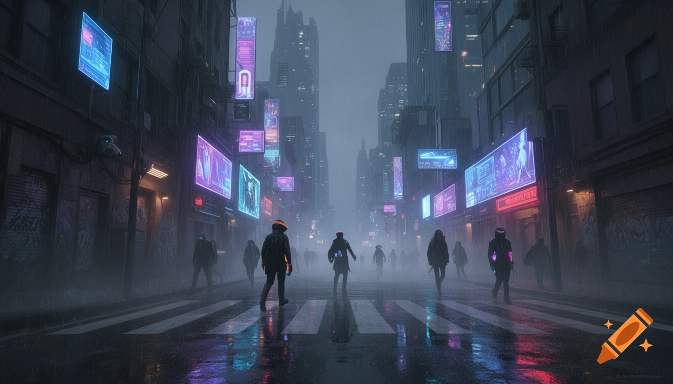 A dark, rainy cyberpunk city street at night with glowing neon signs ...