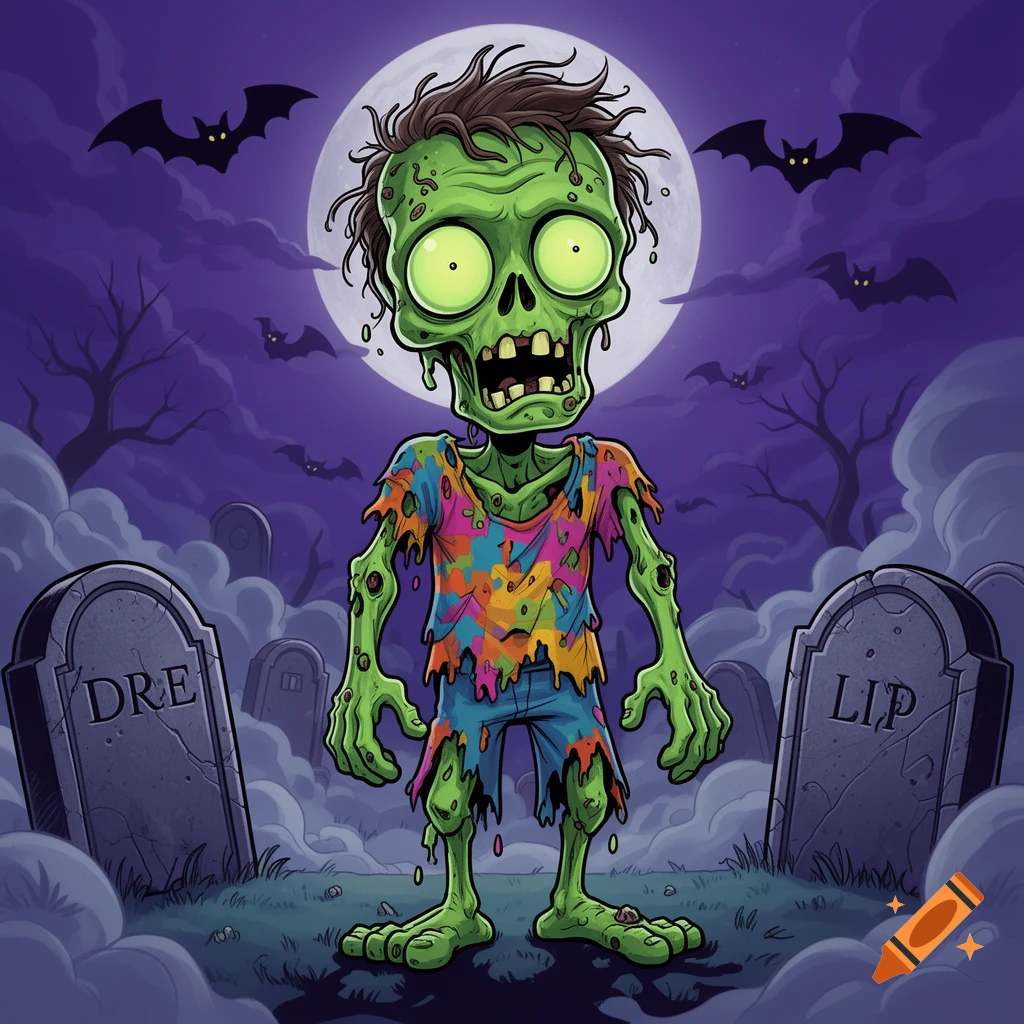 A cartoon zombie with large eyes and a colorful torn shirt stands in a graveyard under a full moon with bats flying.