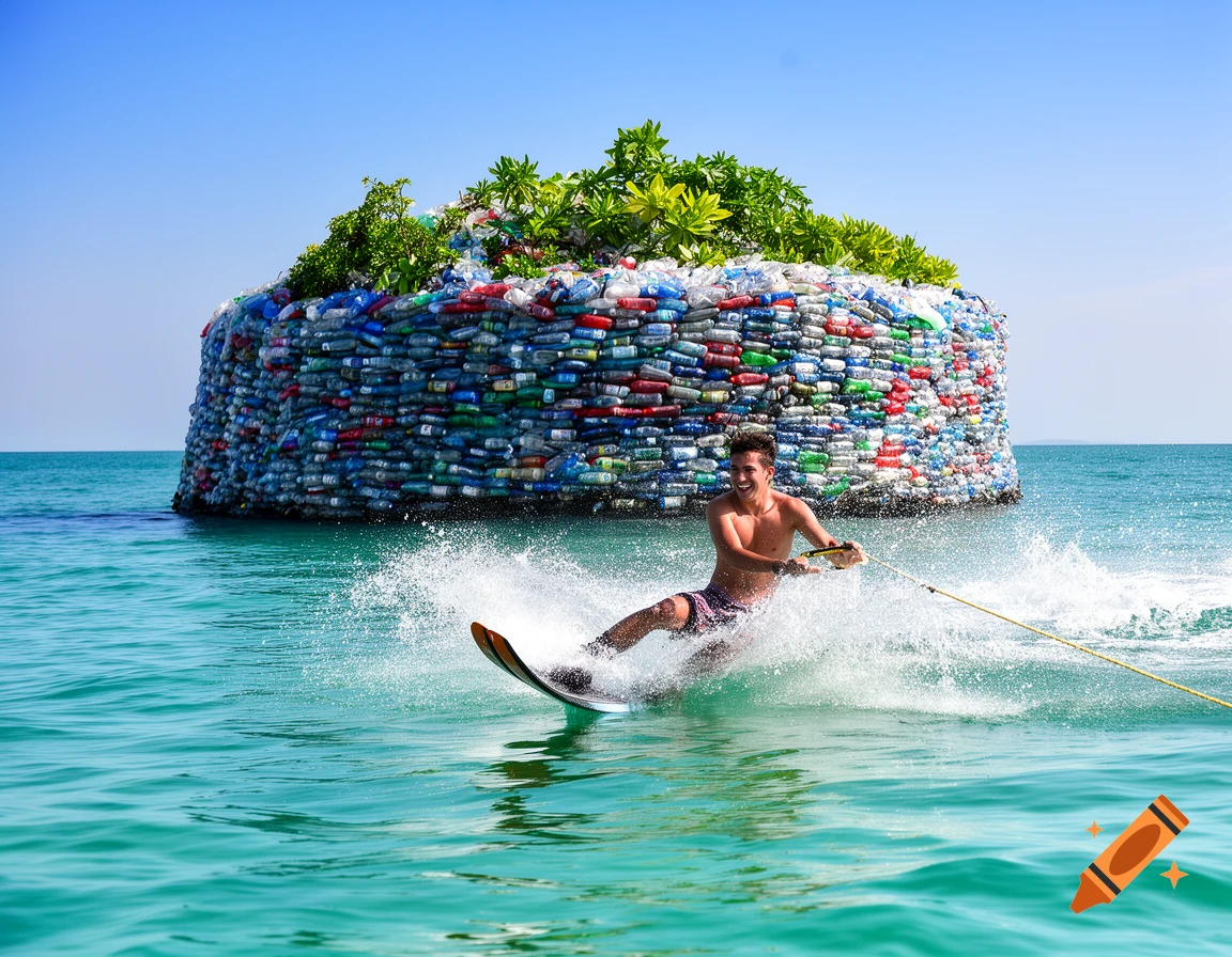 A man waterskiing across turquoise water, smiling with a floating island made of colorful plastic bottles in the background.