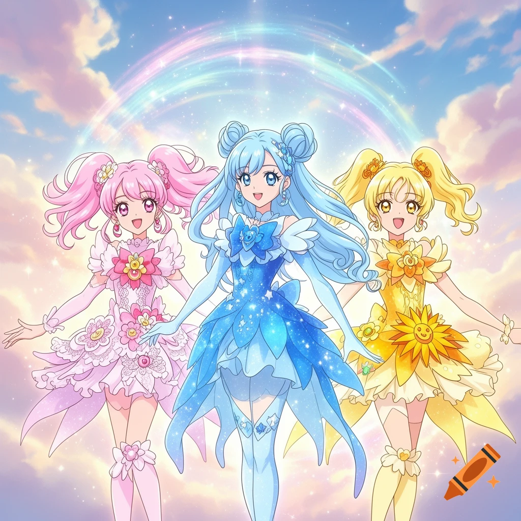 Three anime magical girls in pink, blue, and yellow flower-themed outfits pose under a bright, cloudy sky with a sparkling rainbow.