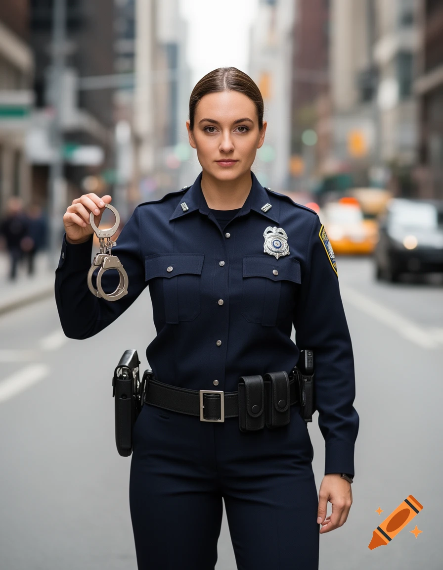 Photorealistic image of a female police officer in uniform holding handcuffs on a city street.