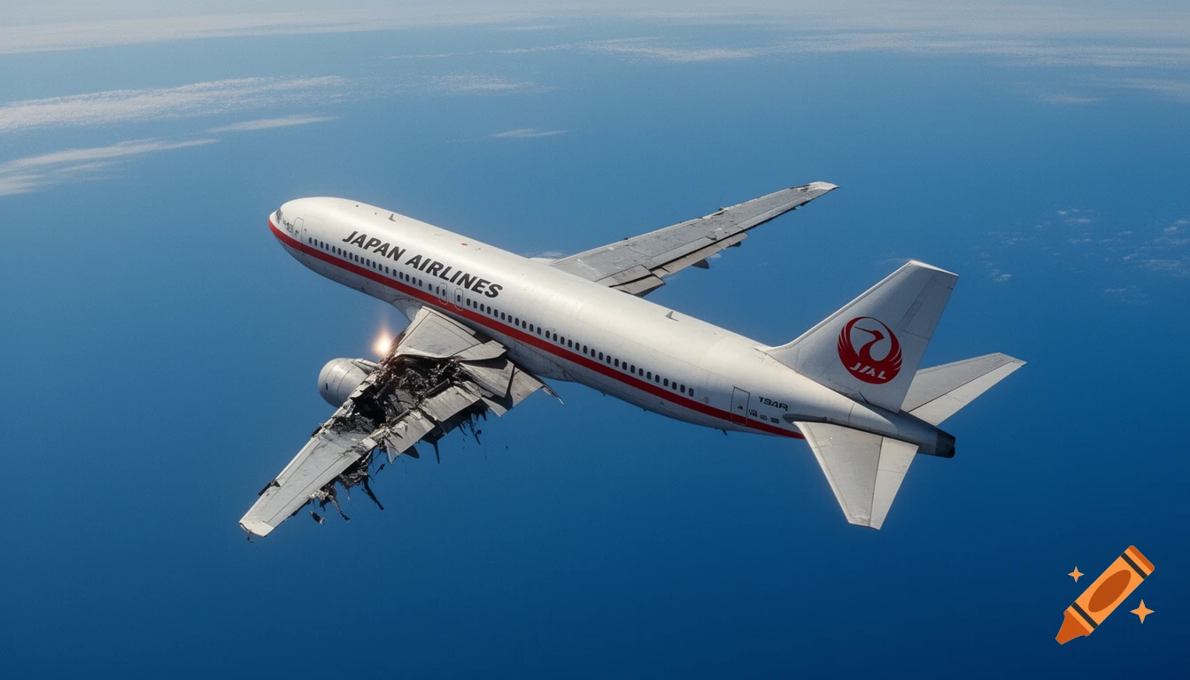 A damaged Japan Airlines plane with a broken wing and engine flies over the ocean under a blue sky.