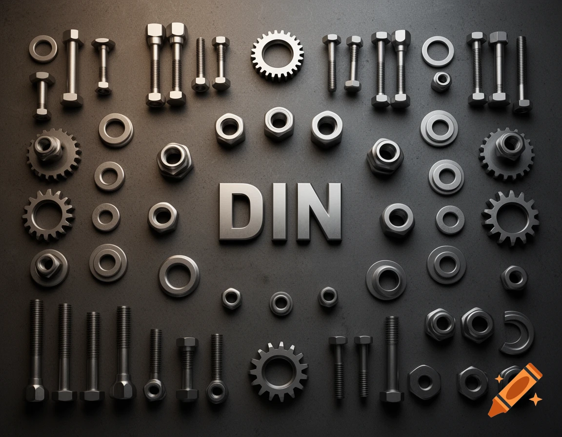 A flat lay of various silver metal bolts, nuts, washers, and gears on a dark surface, with the word 'DIN' in the center.
