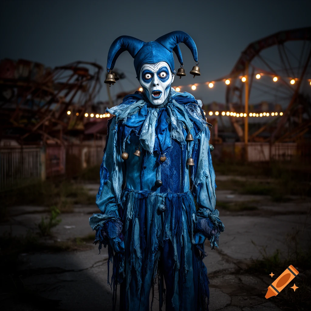 A creepy blue jester with white face paint and wide eyes stands in an abandoned amusement park at night.