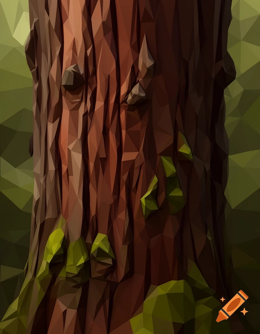 Close-up of brown tree bark with green moss in a geometric low-poly style.