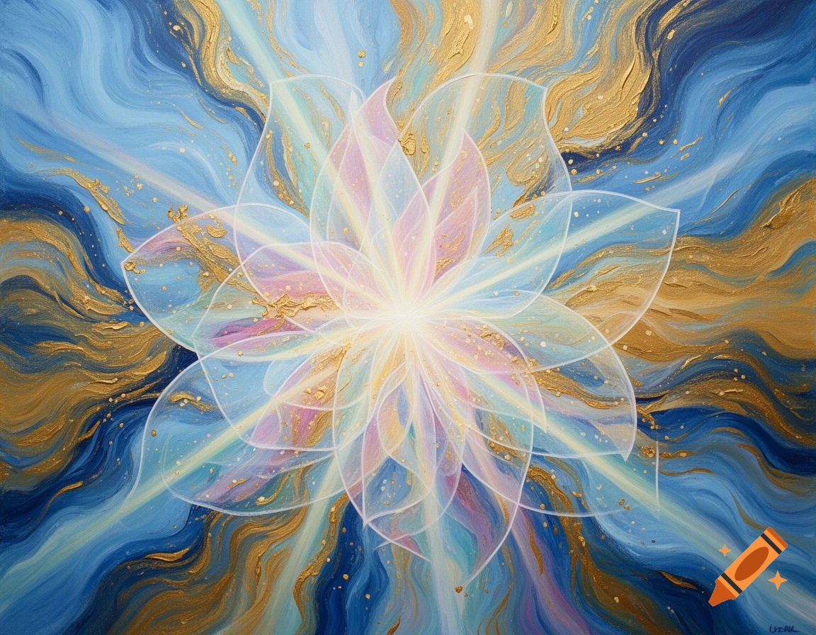 Luminous abstract painting of a translucent lotus flower radiating light against swirling blue and gold patterns.
