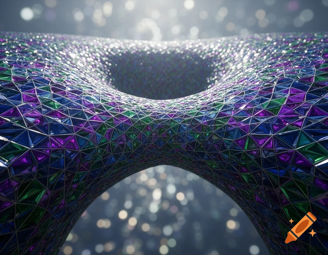 Shimmering, iridescent, tessellated surface with blue, green, and purple triangles forming a hyperbolic shape against a bokeh background.