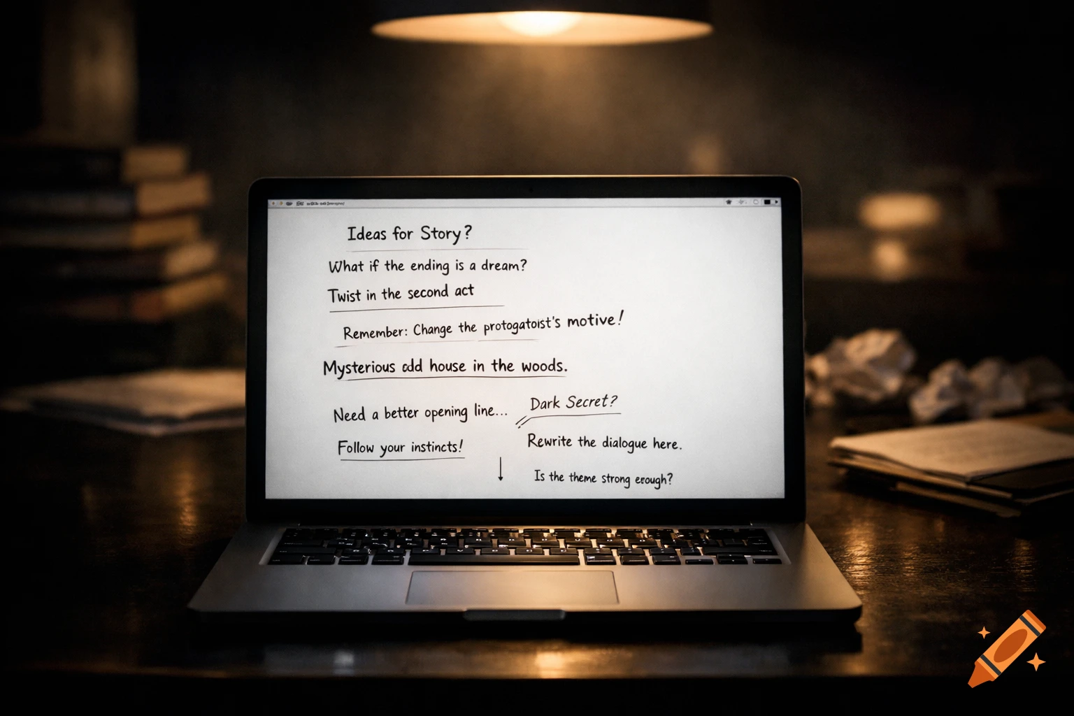 A laptop screen displays creative notes for a story in a dim room under a hanging lamp, with crumpled papers in the background.