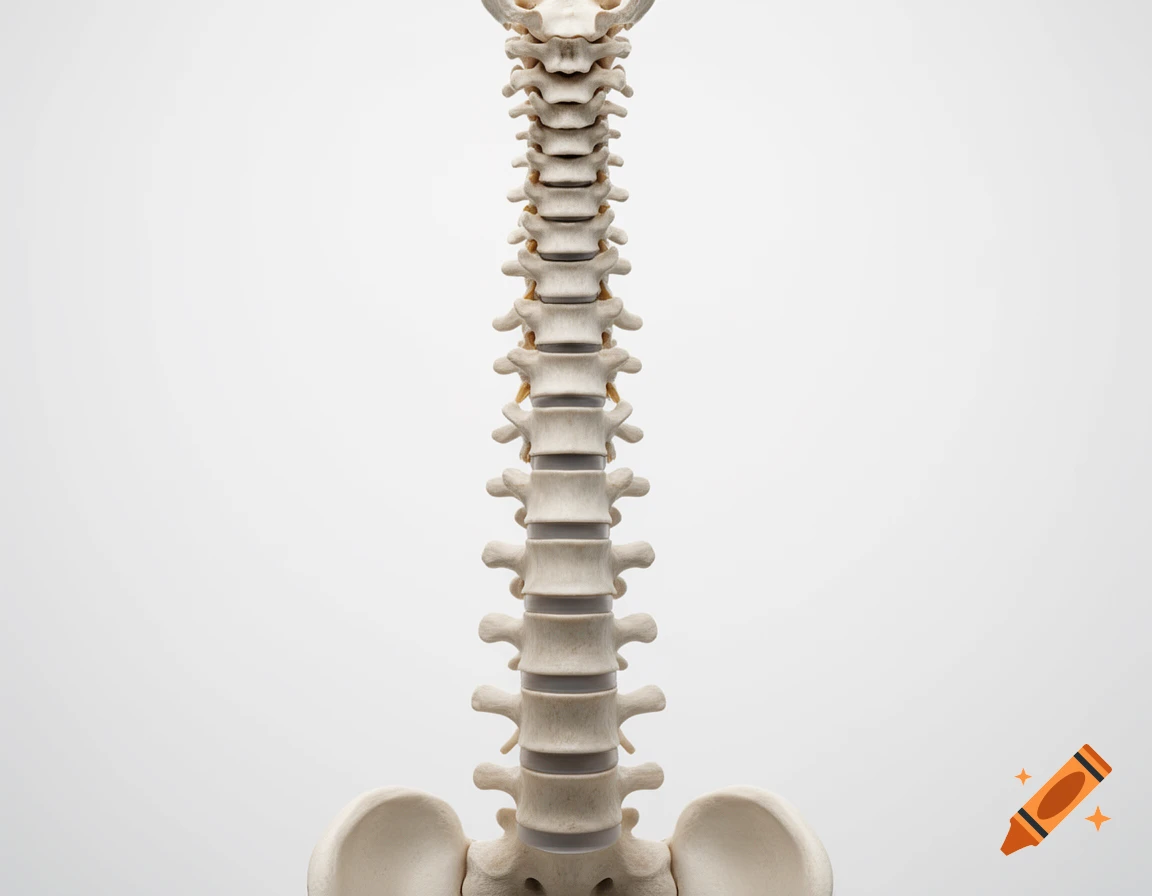 A detailed, straight-on view of a human spinal column model, including part of the pelvis, on a bright white background.