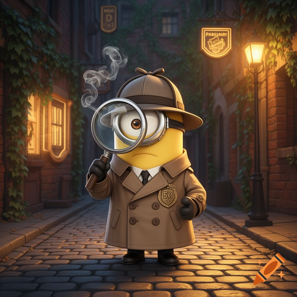 A Minion detective in a trench coat and deerstalker hat holds a large magnifying glass to its eye, standing on a cobblestone street at night.