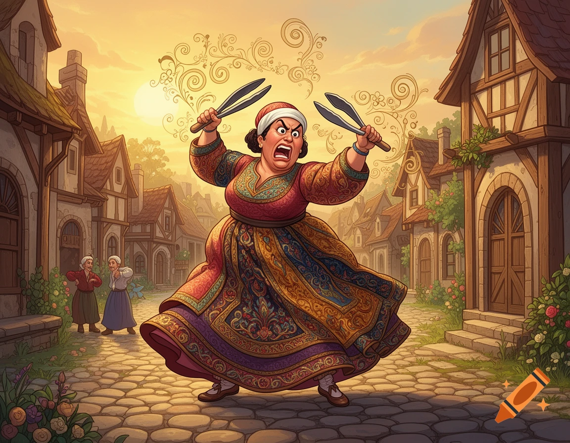 An angry, portly woman in ornate medieval clothing yells and raises tongs on a cobblestone village street at sunset, in a cartoon style.