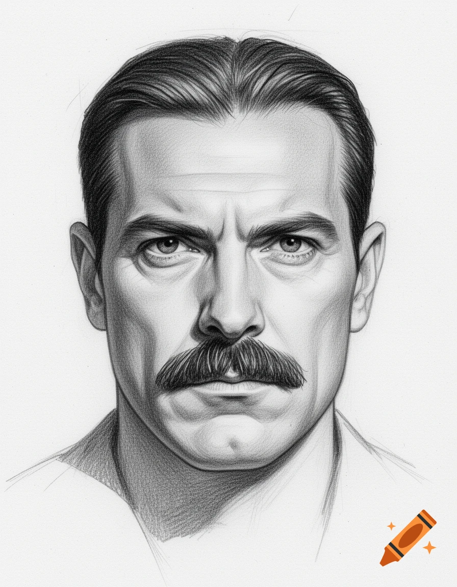 A detailed pencil sketch of a man's symmetrical face with a prominent mustache, looking directly forward.