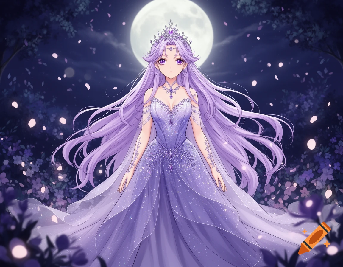 Anime princess with long purple hair and a sparkling gown stands under a full moon in a magical, glowing forest.