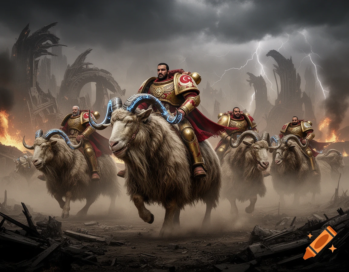 Armored warriors resembling Space Marines with Turkish symbols ride large horned goats through a desolate, fiery landscape under a lightning-filled sky.