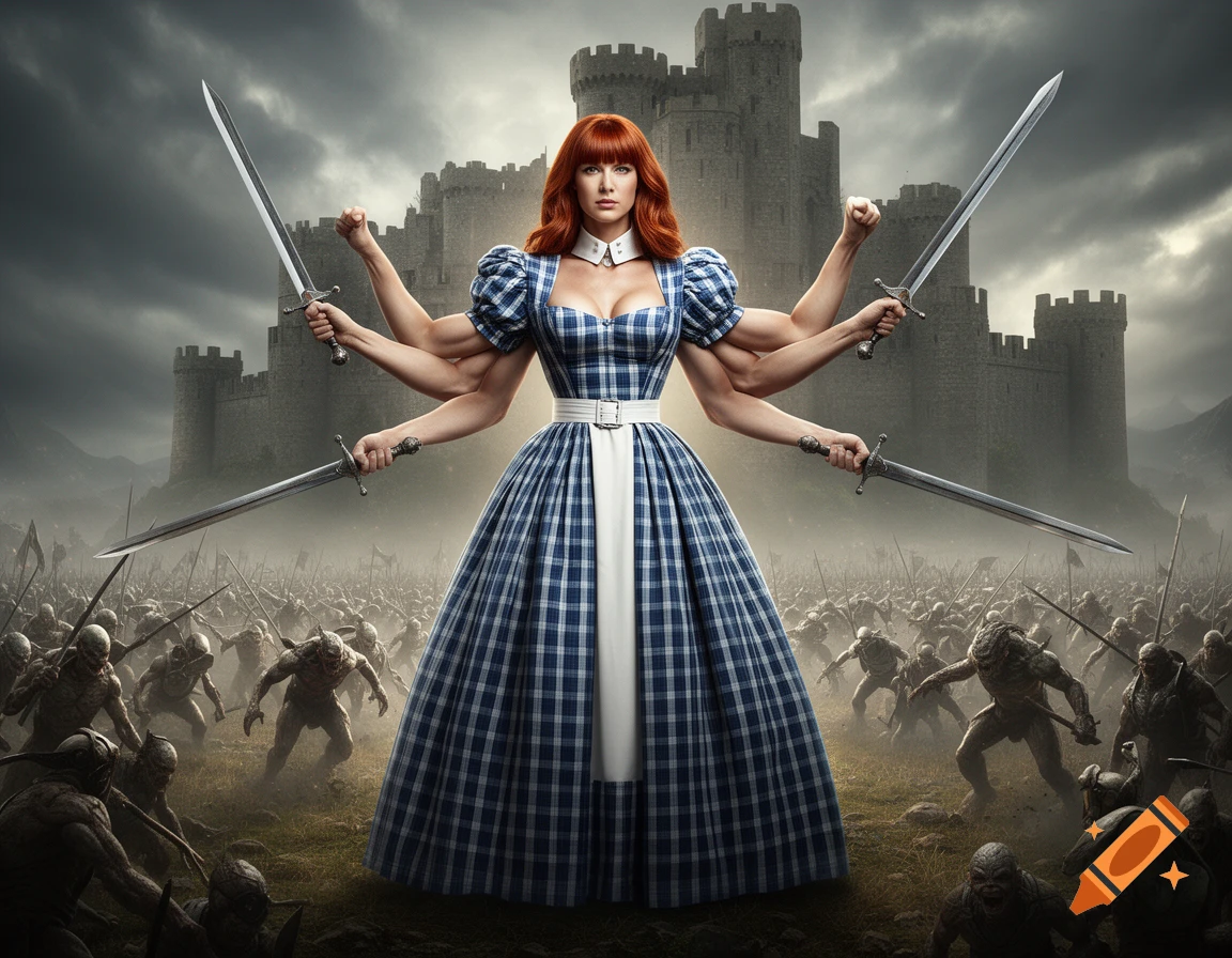 A red-haired, multi-armed woman in a blue plaid dress with swords battles an army of monsters in front of a castle under a cloudy sky.