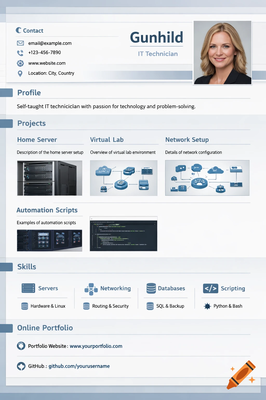 A professional IT portfolio layout for Gunhild, an IT technician, featuring contact info, profile, projects, skills, and online portfolio links.