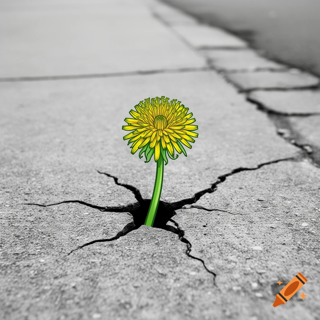 A vibrant yellow dandelion with a green stem pushes through cracks in a grayscale concrete sidewalk, symbolizing resilience.