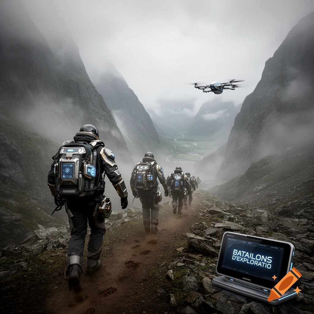 Futuristic explorers trek through a misty mountain valley with a drone flying above and a tablet displaying text on a rock.