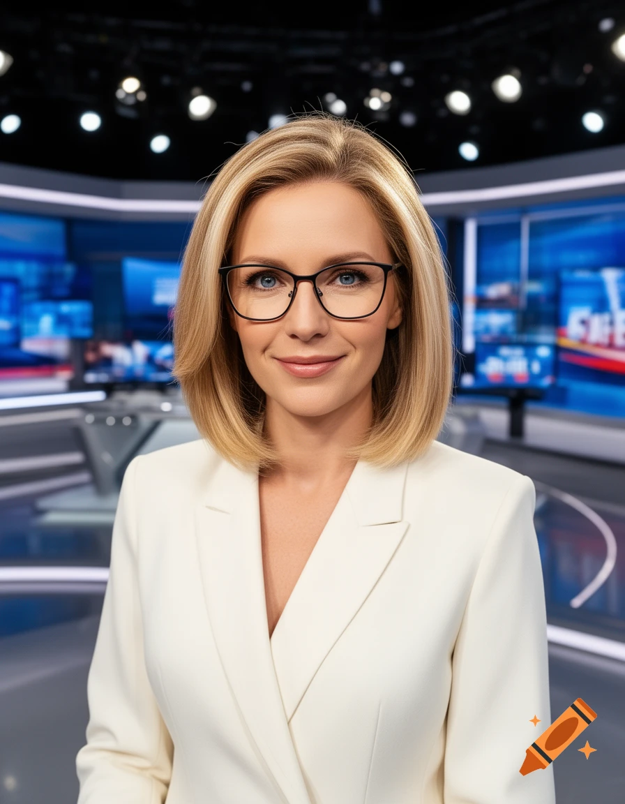 A blonde woman with glasses and a white blazer smiles in a modern news studio.