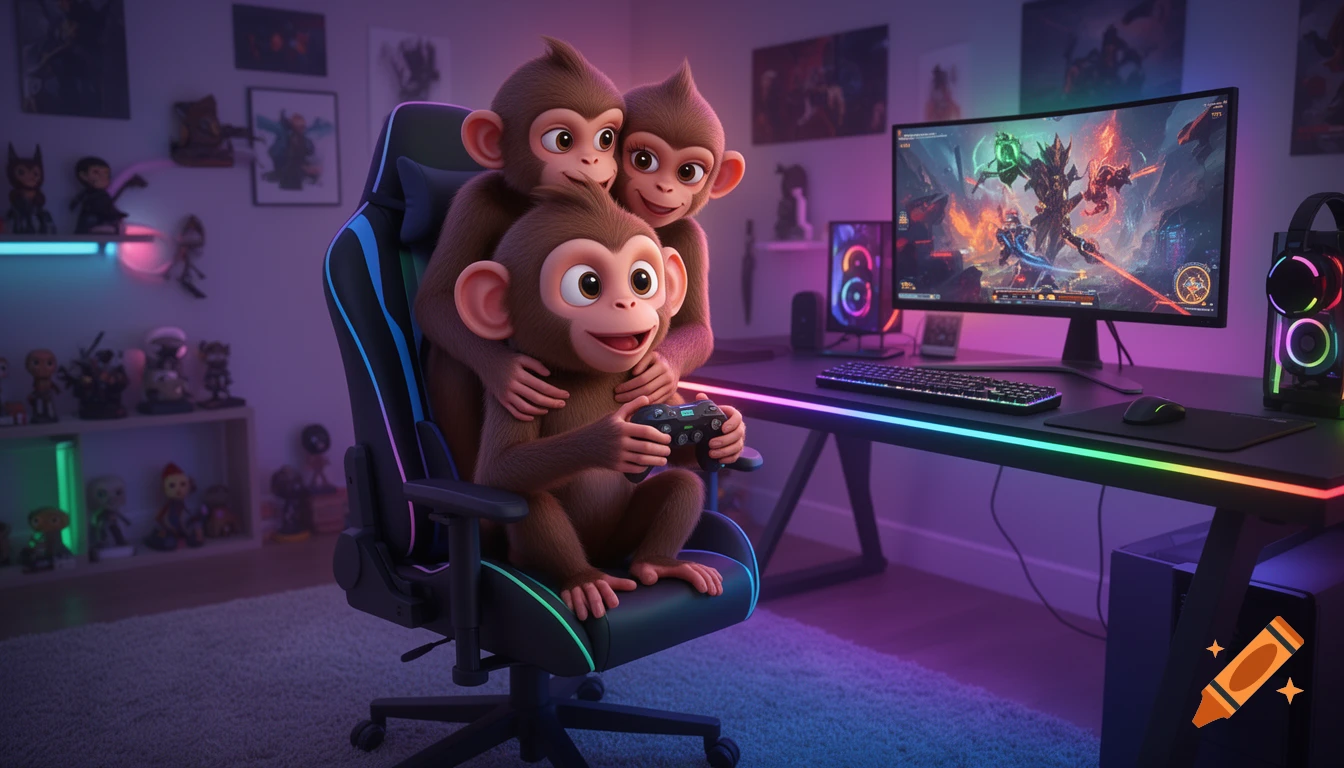 Three cartoon monkeys, one playing a video game on an RGB-lit PC setup, while two others hug him from behind.