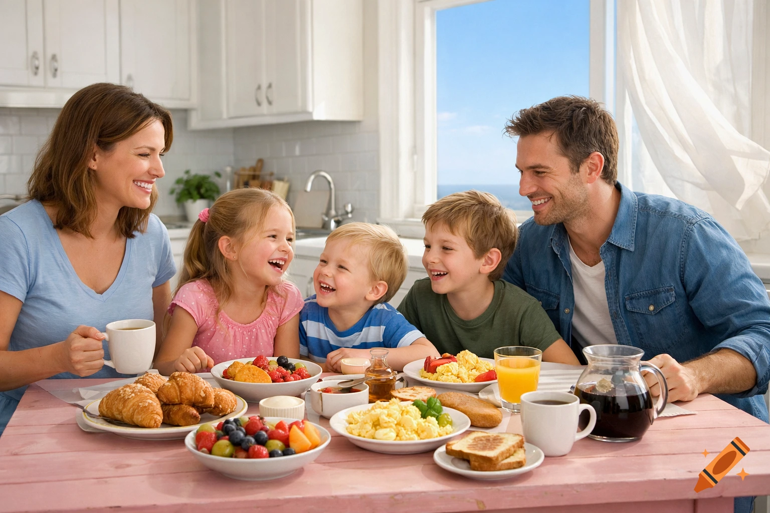 A happy family of five laughing together while eating breakfast at a pink wooden table in a bright kitchen with a view of the ocean.