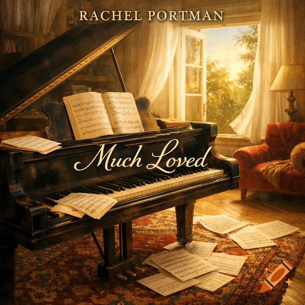 A grand piano with sheet music and text "Rachel Portman" and "Much Loved" in a sunlit, cozy room.