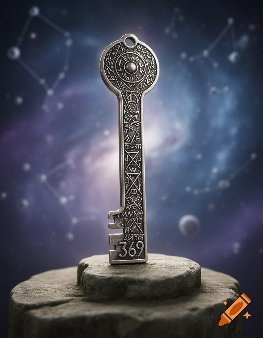 An ornate silver key with intricate symbols and the numbers "369" stands on a stone pedestal against a glowing cosmic nebula.