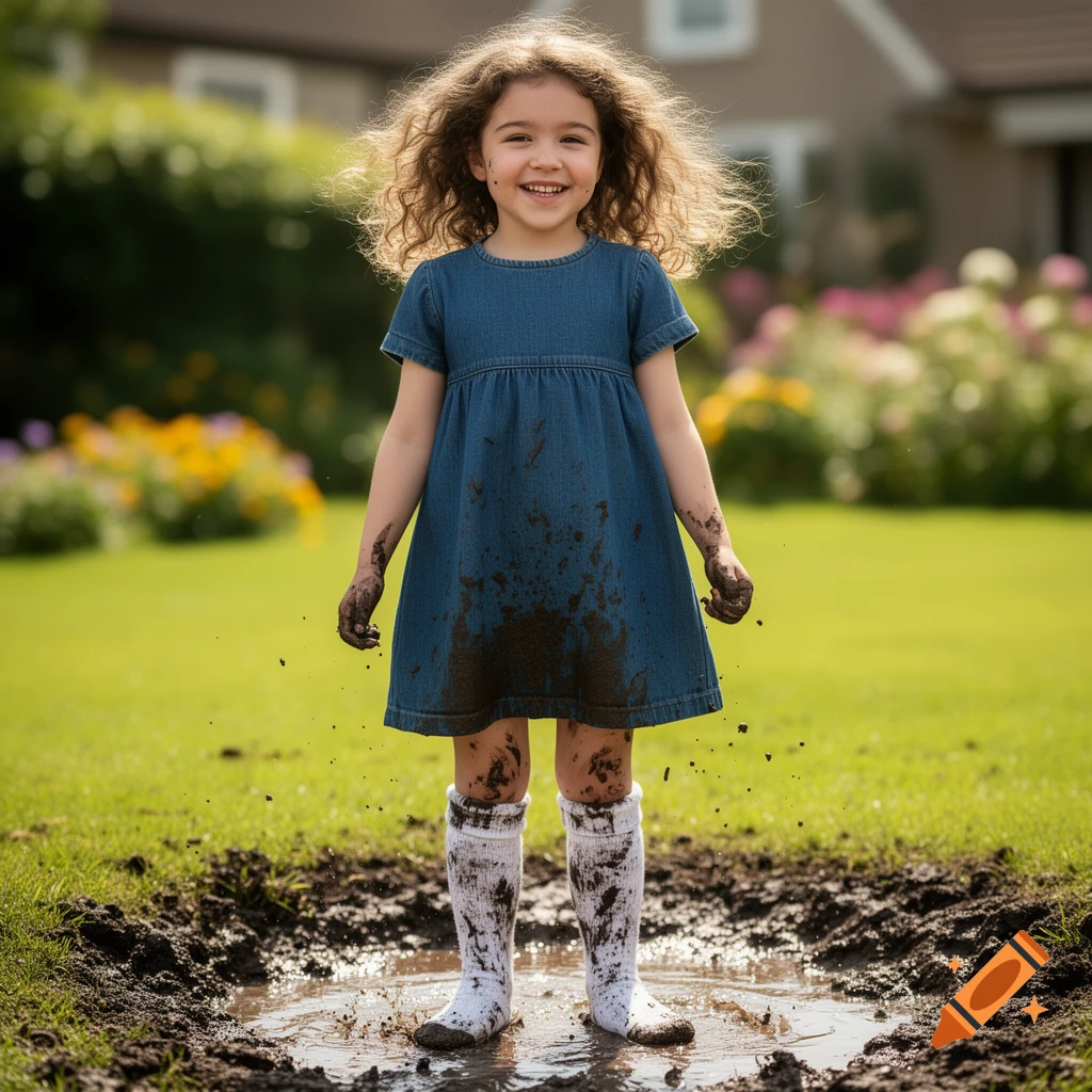 A smiling young girl with curly hair, covered in mud, stands in a puddle with white socks in a sunny garden.
