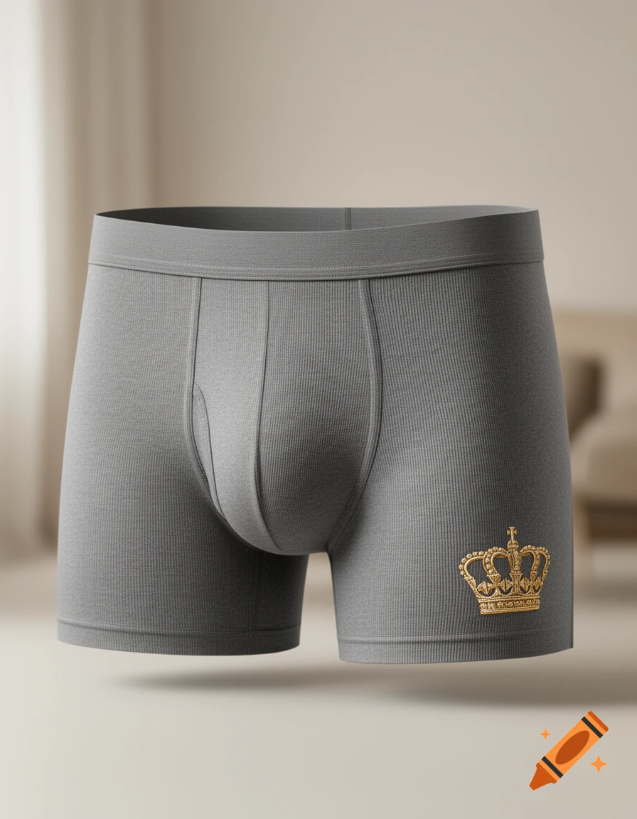 Grey ribbed boxer briefs with a gold crown embroidered on the right leg.