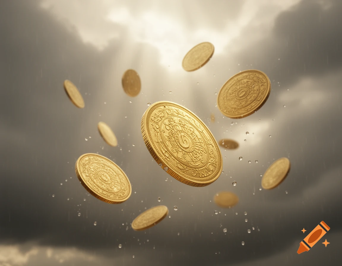 Gold coins with intricate designs fall from a dramatic cloudy sky with visible rain and sun rays.
