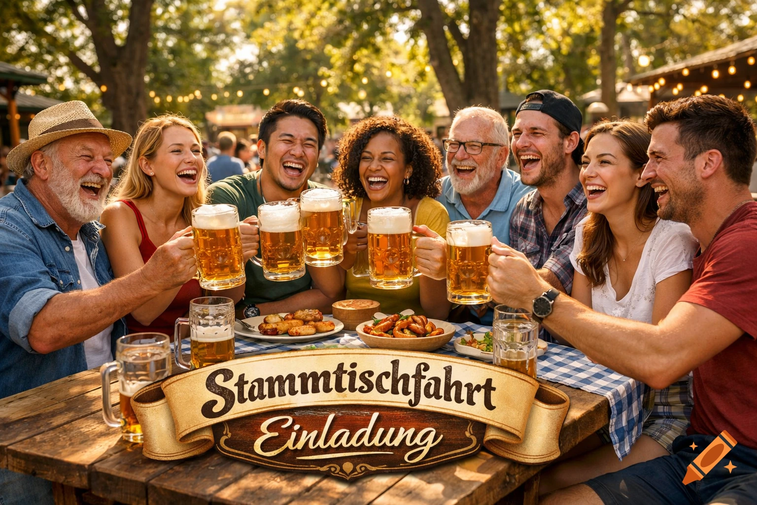 Laughing diverse friends toast with beer mugs at an outdoor table with food under a banner reading "Stammtischfahrt Einladung".